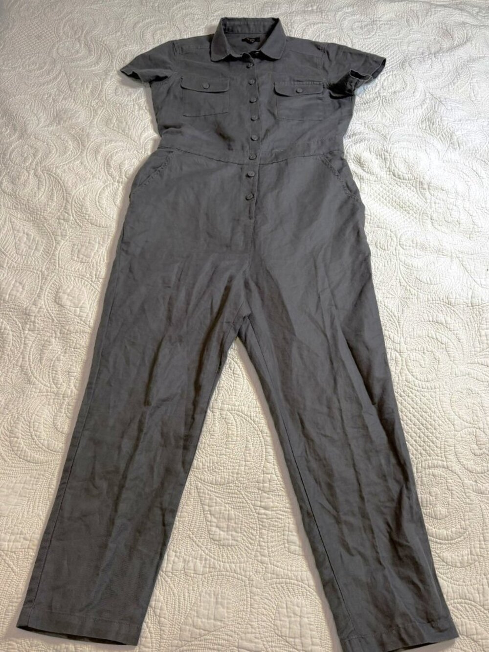 Quince Cotton Linen Twill Short Sleeve Coverall Jumpsuit Charcoal Grey M
